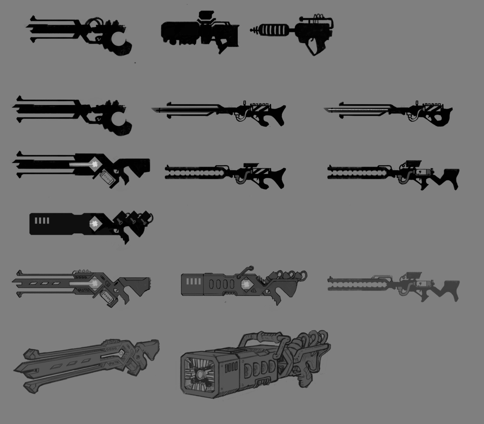 After feedback I went back to silhouettes to find out what worked best for the role leading to this boxy chonk cannon.