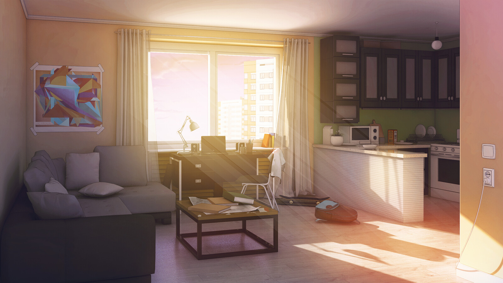 Room of the main character in first ep. of visual novel Young Hearts. Evening light