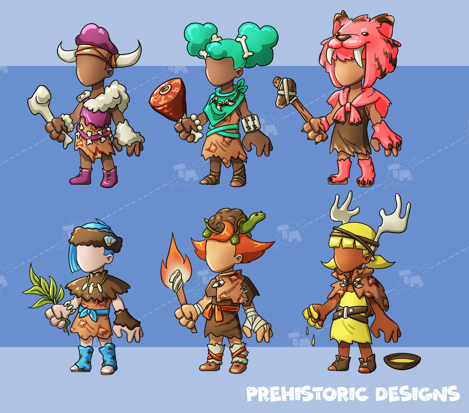 Different outfit options for the players to select along with some tools. These outfits can be interchanged between characters and the accent colors change accordingly. 
