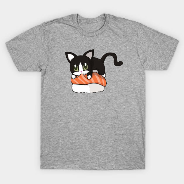 You can find the prints on teepublic.
https://www.teepublic.com/t-shirt/2134695-tuxedo-cat-salmon-sushi?store_id=125261