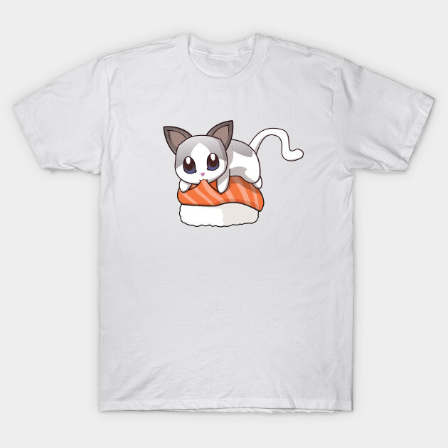 You can find the prints on teepublic.
https://www.teepublic.com/t-shirt/1824066-white-cat-salmon-sushi?store_id=125261