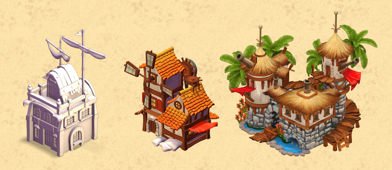 Buildings modeled and textured for Pirateville