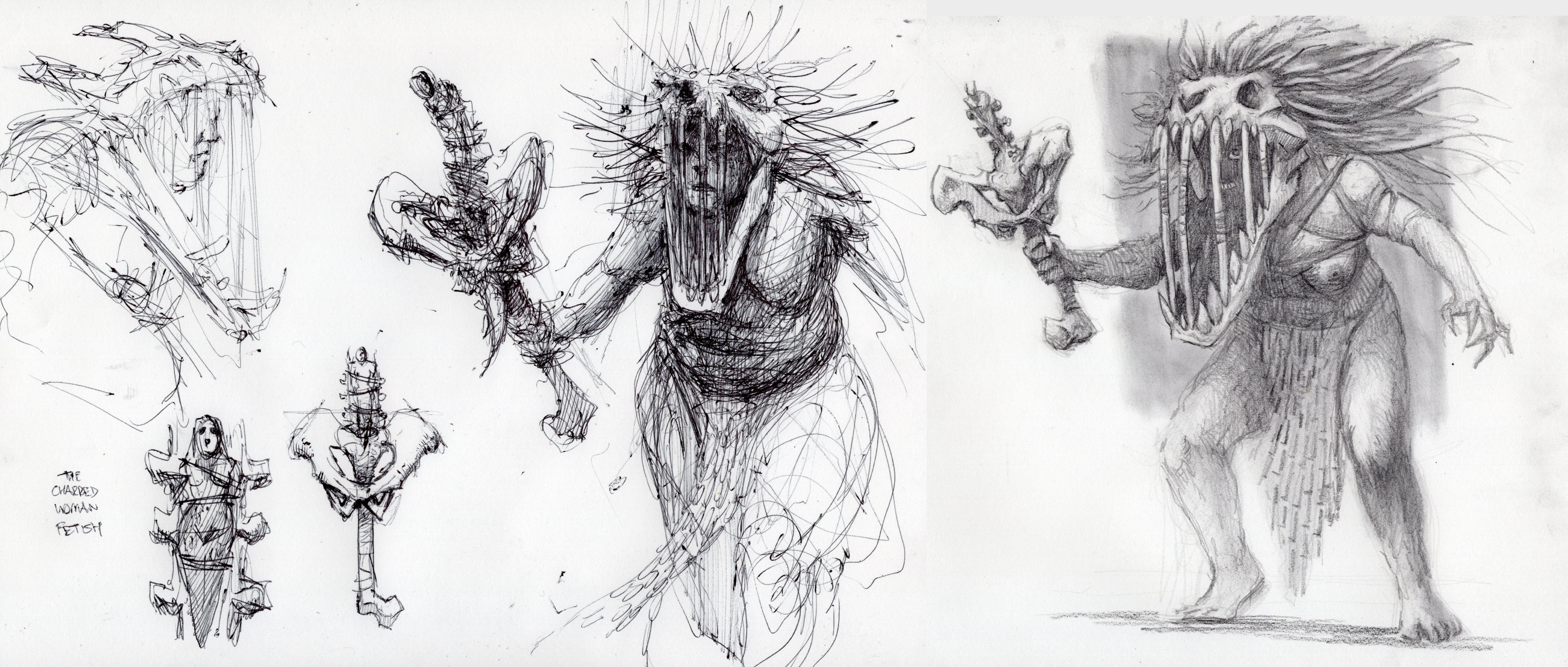 Initial sketches in ballpoint pen and graphite