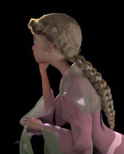 I groomed and rigged the princess's hair. The princess's braid is dynamic, being controlled by a spline-based bone chain. This spline for the most part was animated via vellum simulation, providing realtime hair simulation adequate for our needs.