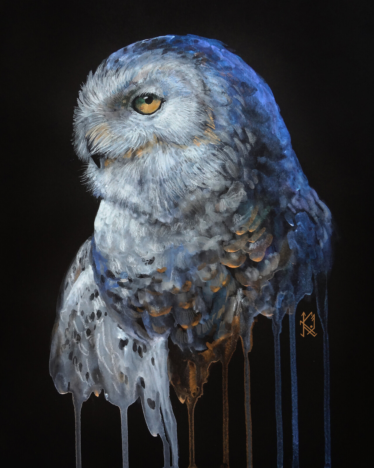 Snowy Owl/. Interference and metallic watercolor on black paper.