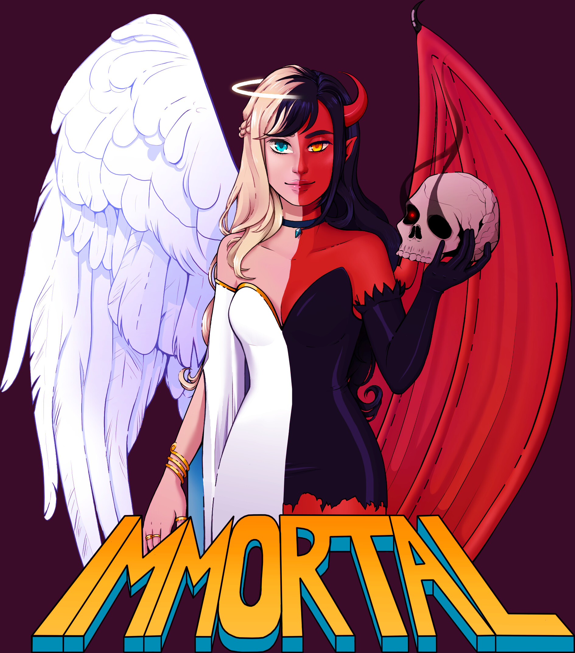 Shirt design commission of a half angel/half devil girl! 