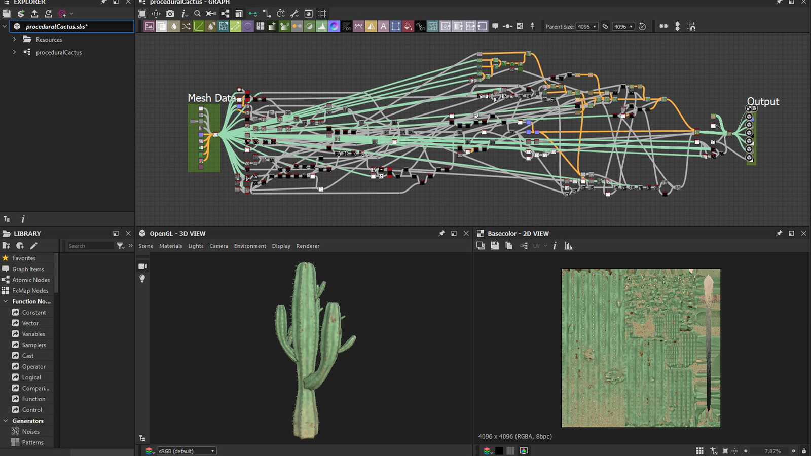 The mesh data maps are pointed to from inside Designer and automatically processed through the node network. Multiple tri-planar projections and masks from Houdini help to hide any UVs seams. Final PBR maps are output.