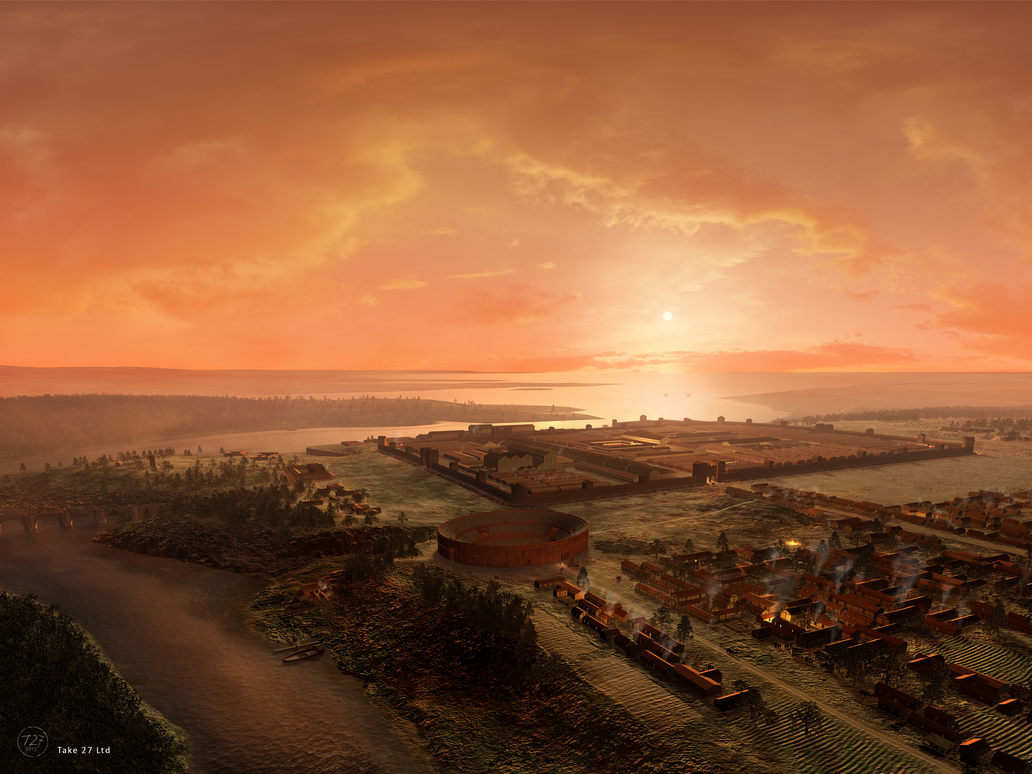 Deva - Roman Chester in the mid 3rd Century.  Looking from the south west, over the fort and towards the Cheshire Plain.
