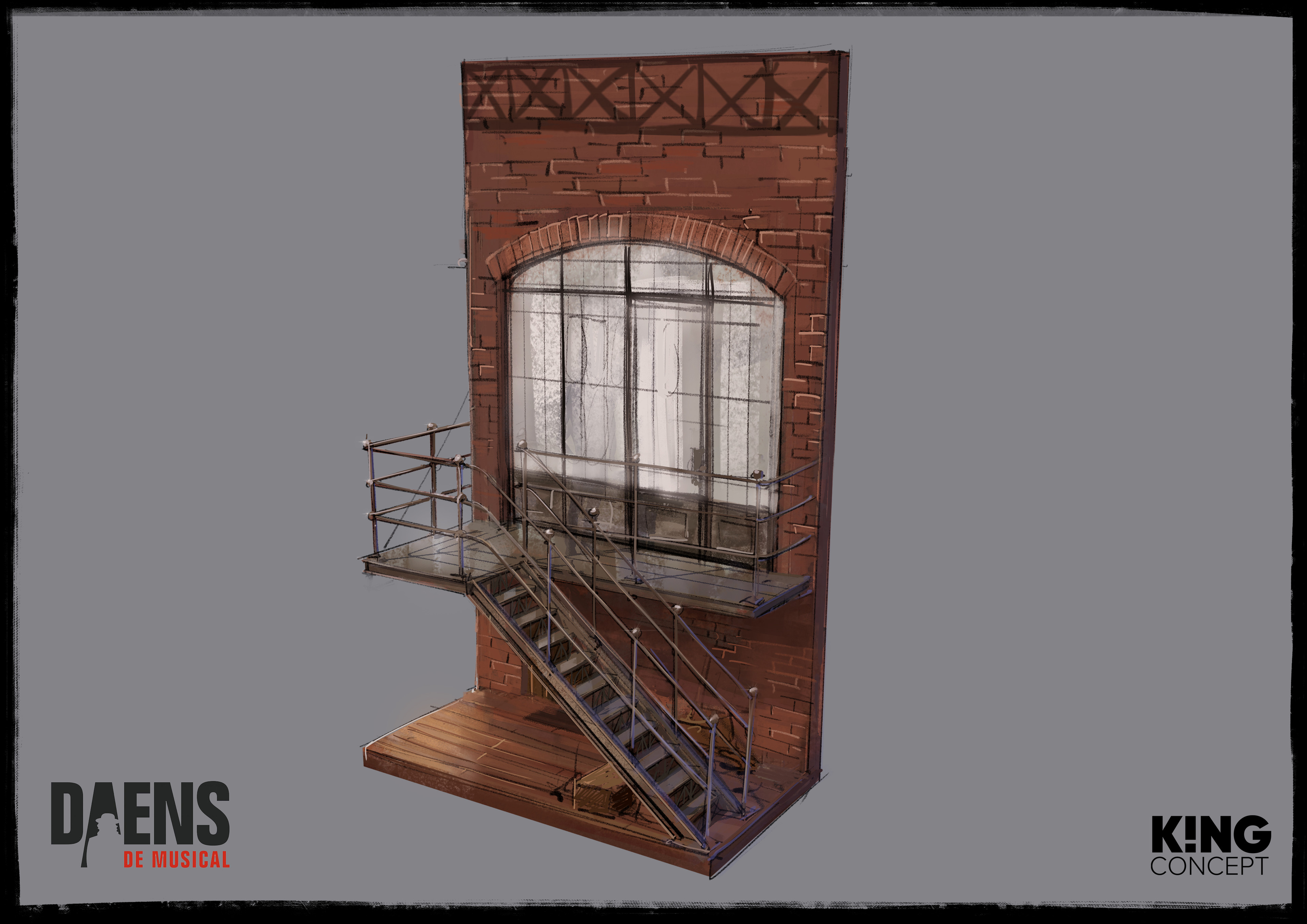 Concept for the factory office. This set piece has two sides, the other side is the pulpit used in the church scene.