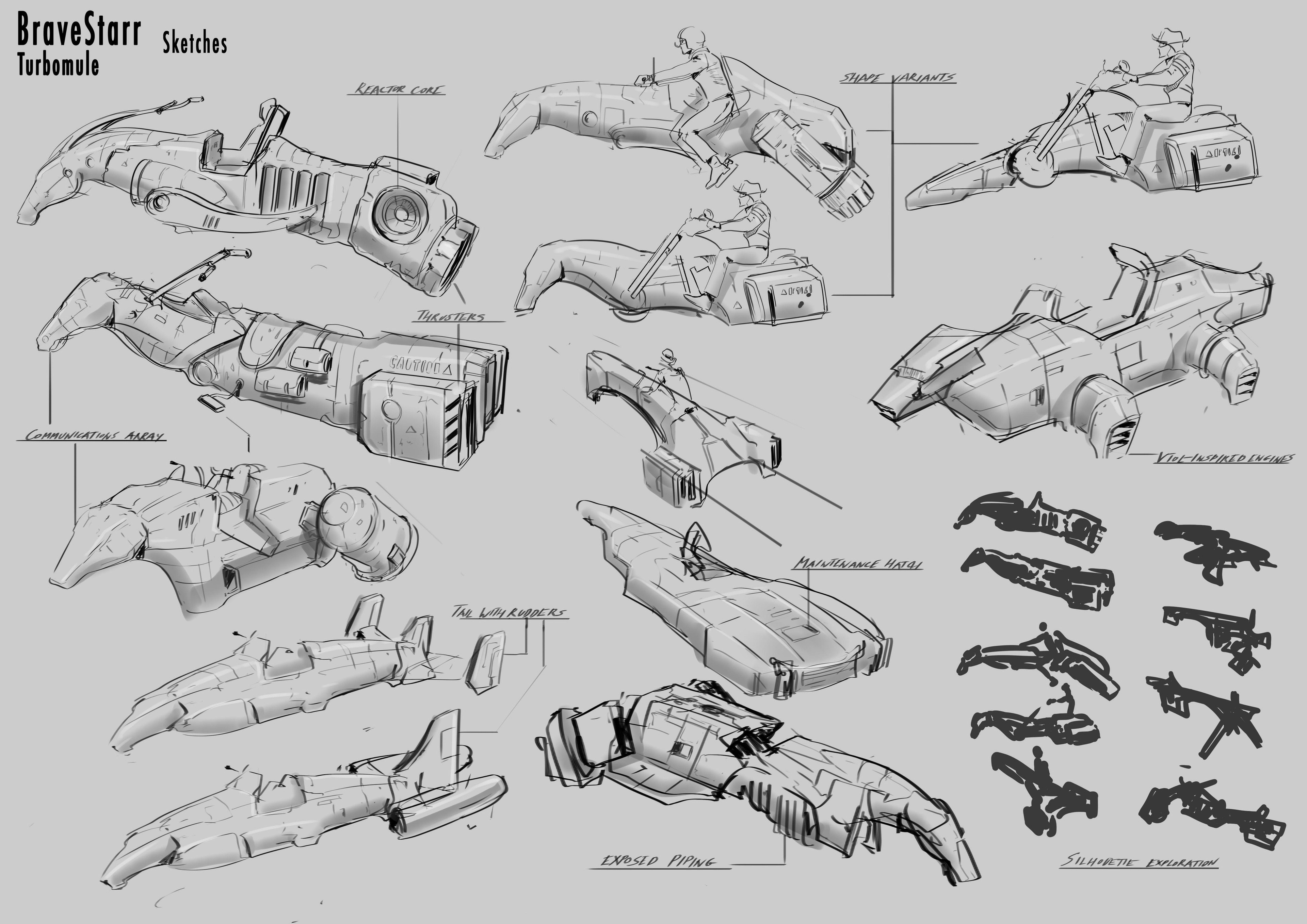 Ideation sketches to find the shape, function and detail of the turbomule.