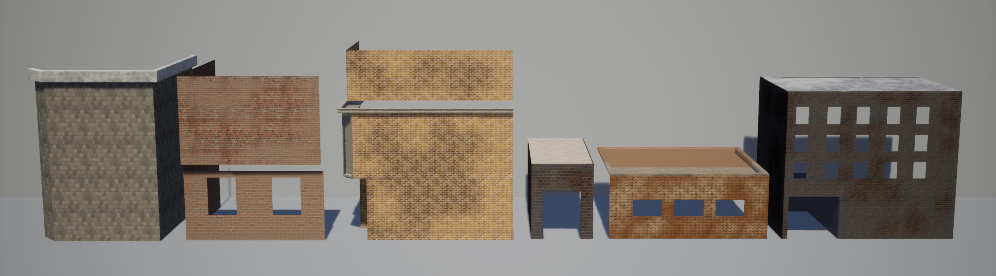 Modular Pieces - Buildings
I used 6 different buildings as the main volumes in this scene. Combined with decals and some light vertex painting, it allowed for more variation in the texture.