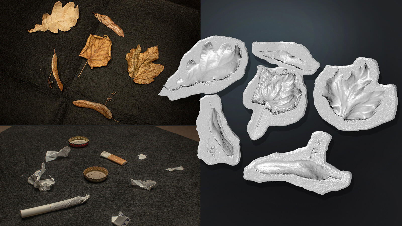 I took a walk in the park during the pandemic and collected some leafs and cigaretes (yah not a good idea). I just did photogrammetry on them and bake them on a straight plane to use them as a texture.