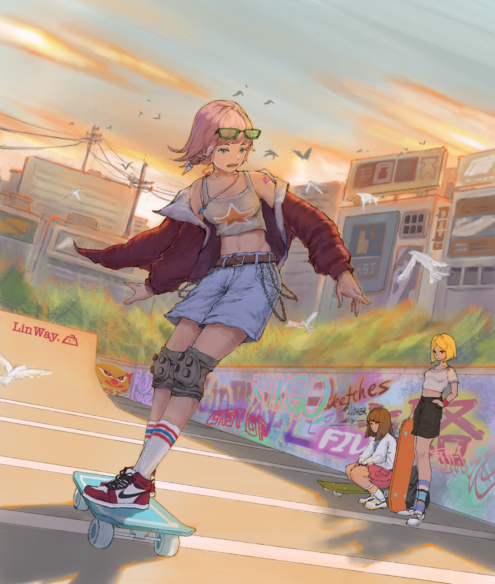 ArtStation - Skateboarding girls in the sunset