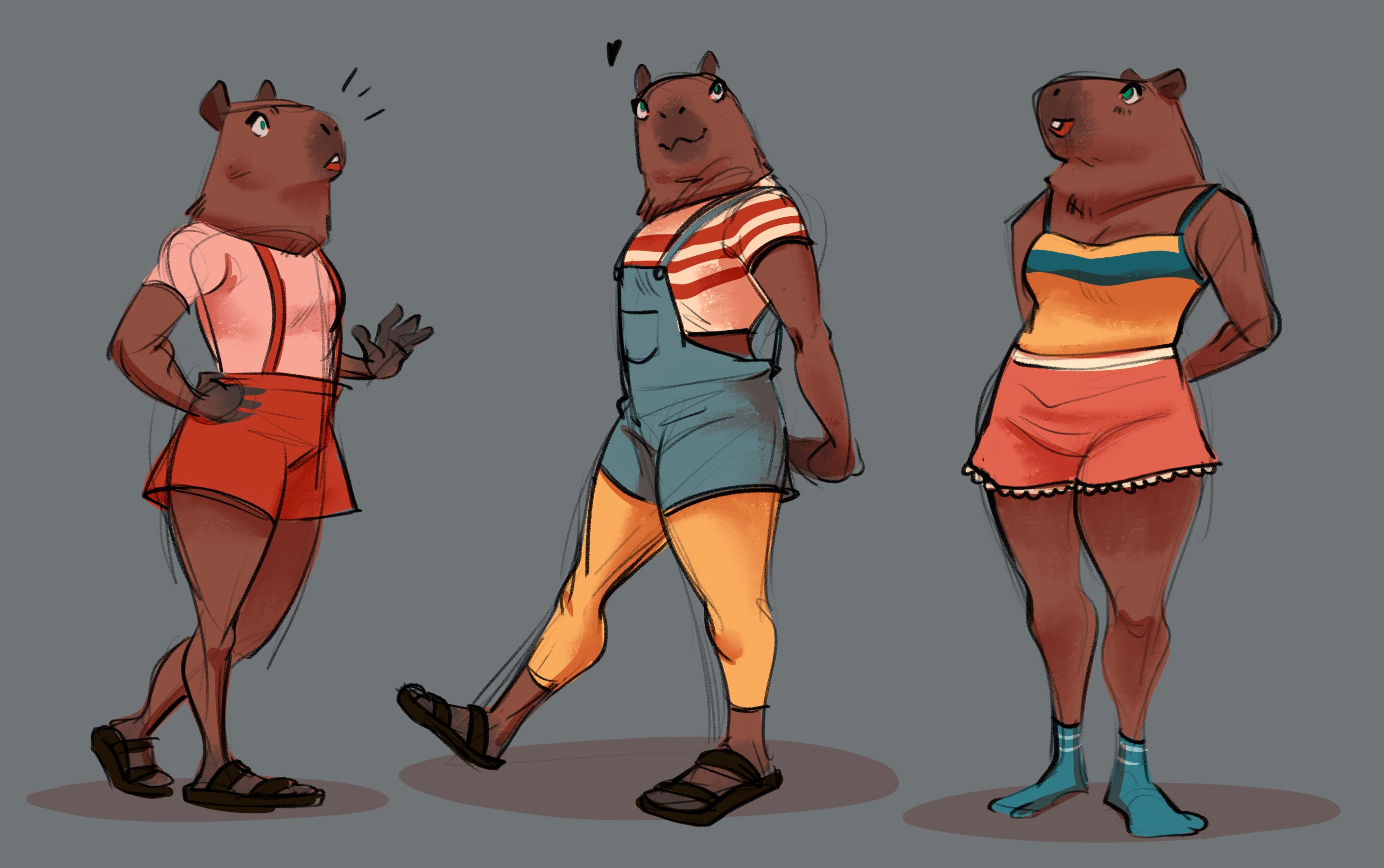 Some exploration doodles for a Cpybara character in a high school setting.