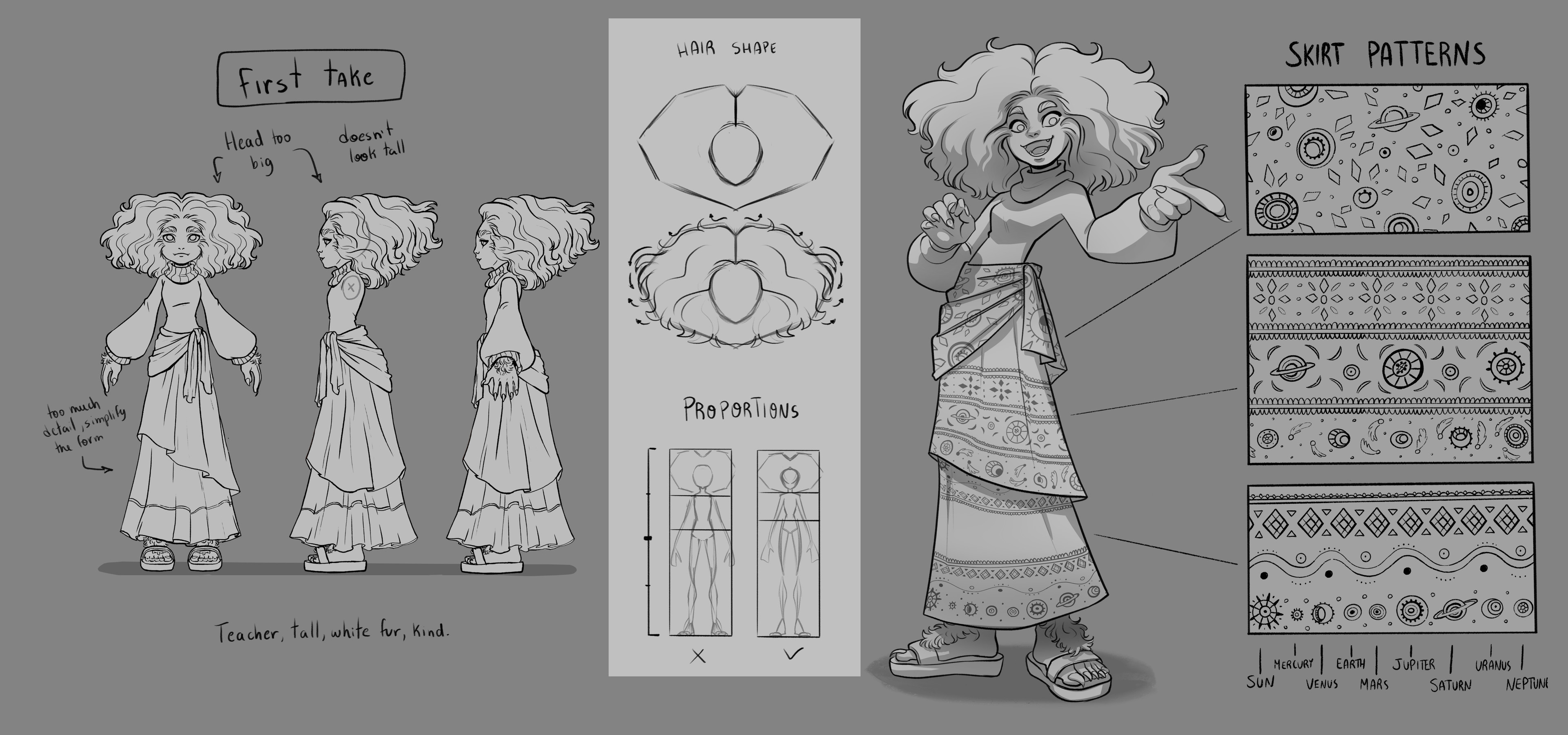 After making the character sheet I found that she was too complicated and would be a difficult character to animate, so I decided to simplify her shapes a bit more.