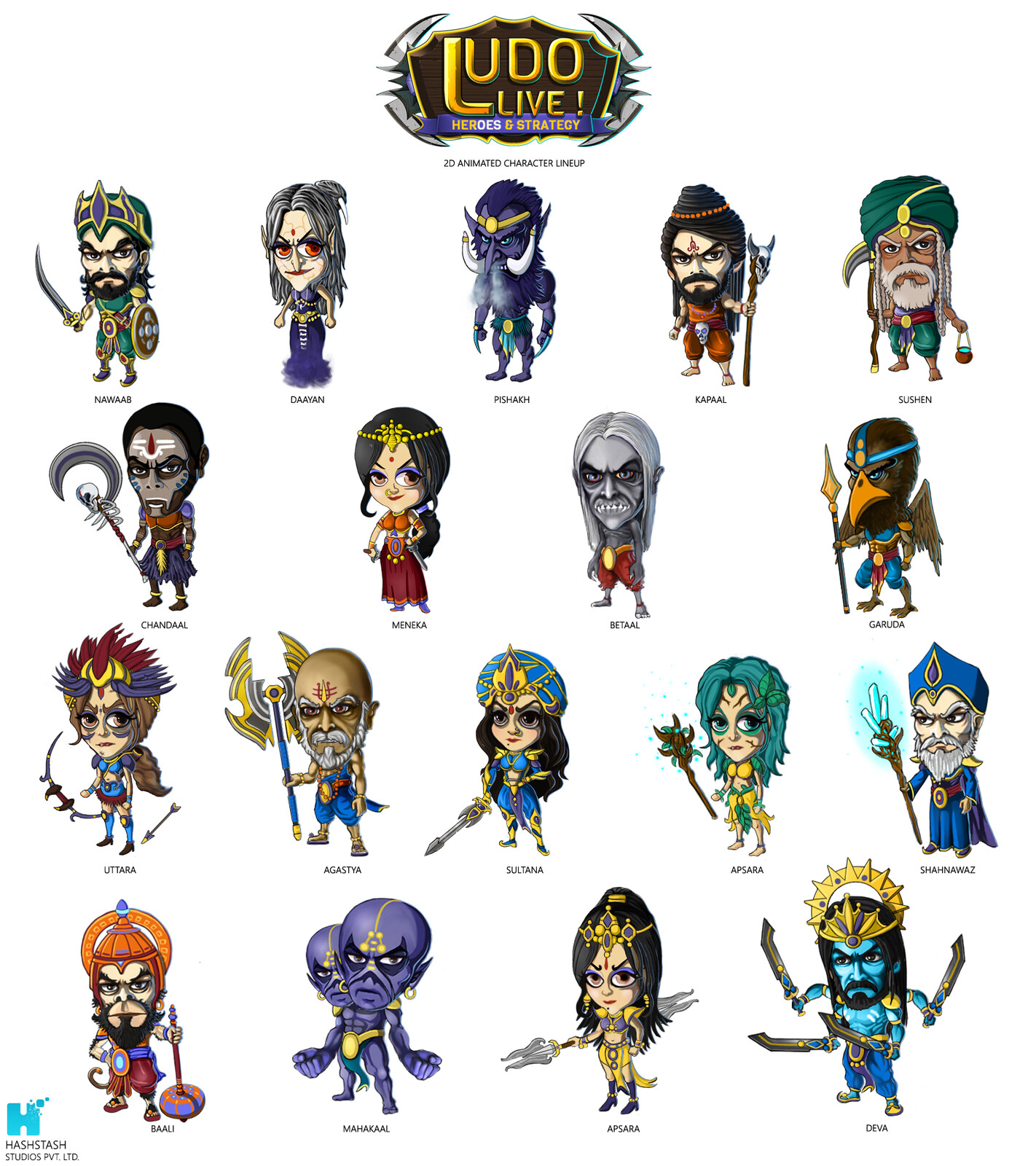 Full line up of final character art made in Photoshop