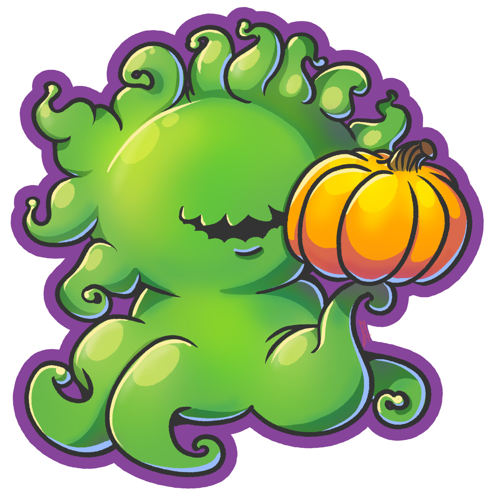 Morbol holding a pumpkin