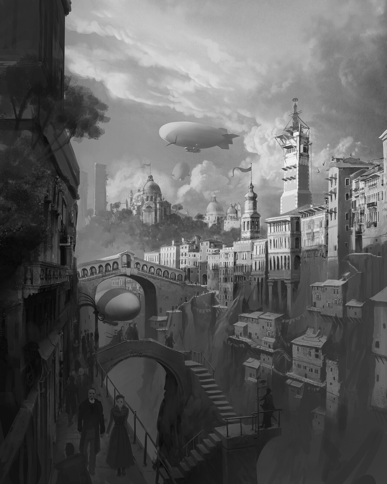 Canyon street scene, with dirigible bus stop 