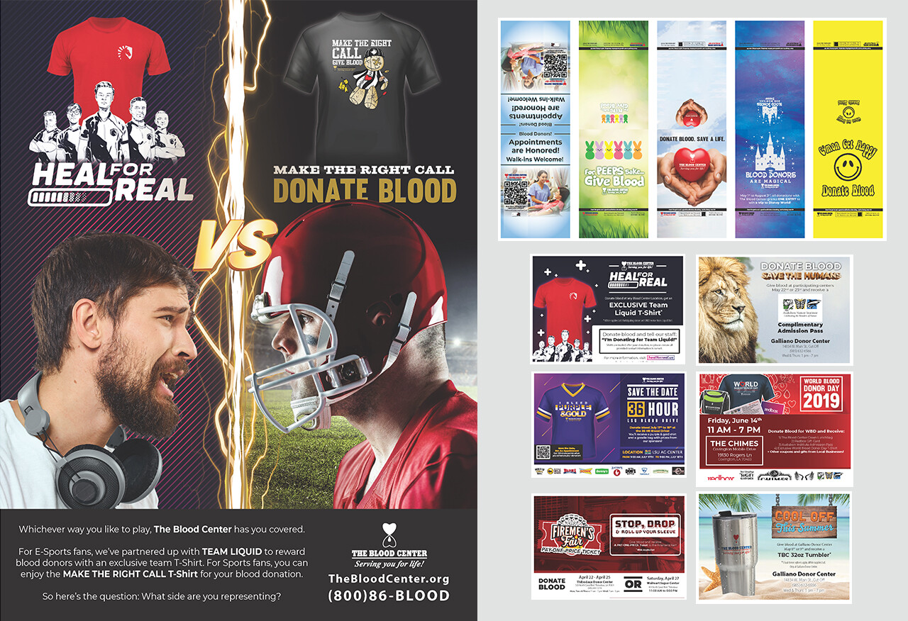 Assorted Print Designs. A typical poster, table pop displays, and postcards.