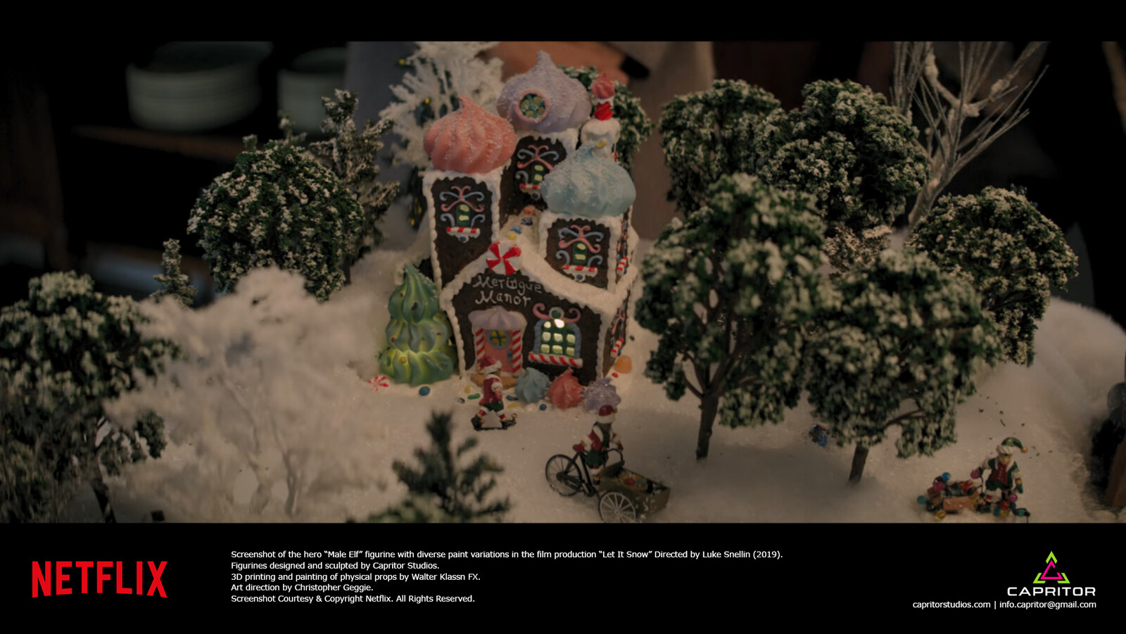 Screenshot from film "Let It Snow" (2019). Village Props Created/ Provided by Production.
