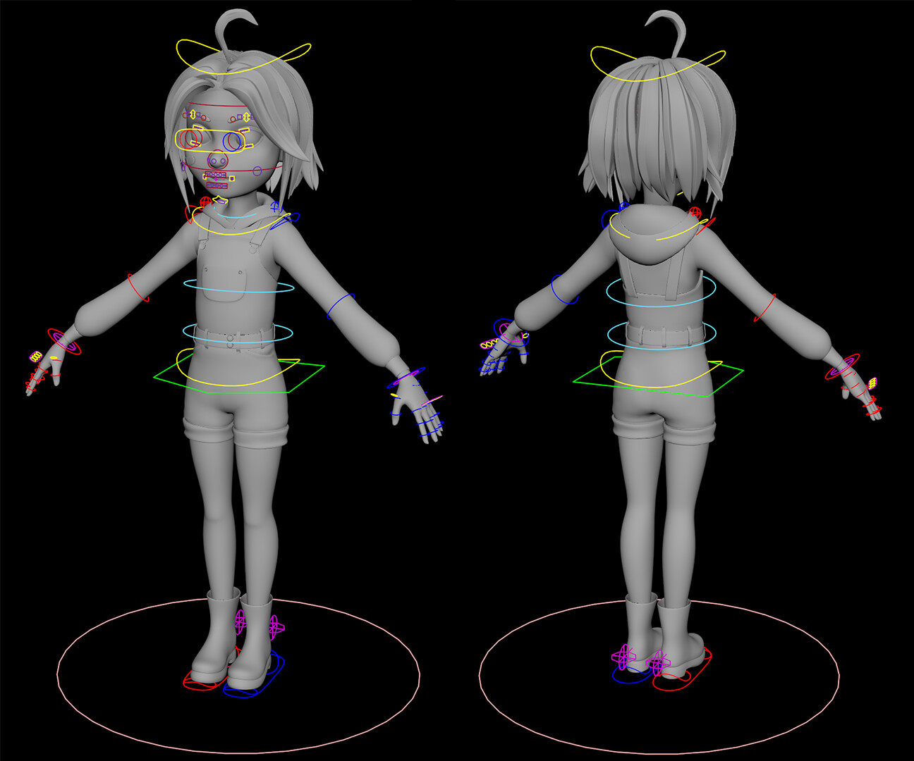 Front and back view of the body rig, face included.
