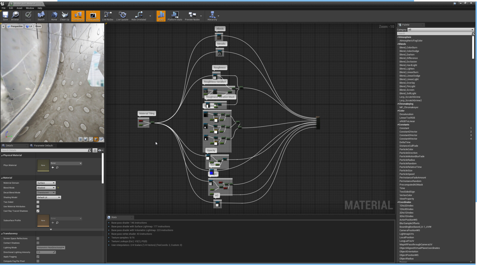 The master material in Unreal. this was was then duplicated with a material instance so that parameters can be changed per instance rather than multiple masters. 