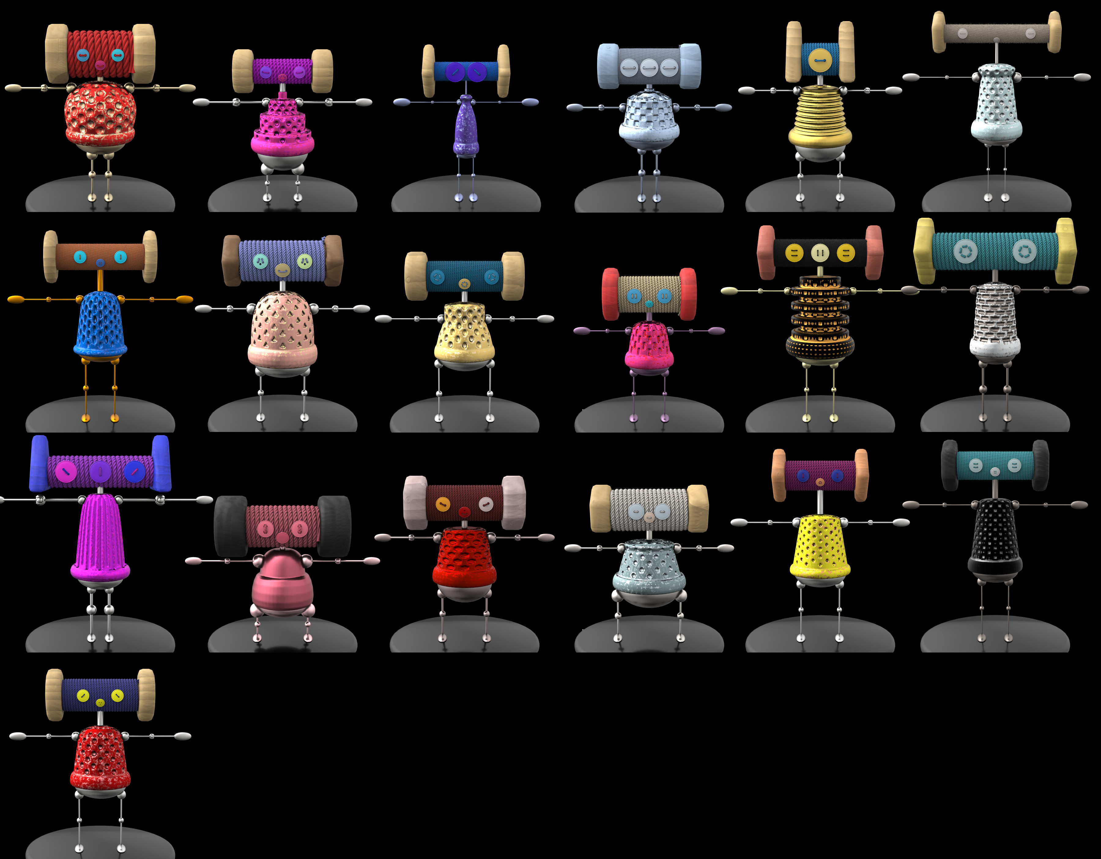 A group shot of more than a dozen variants of the Thimbelina family. The original is on the bottom left.