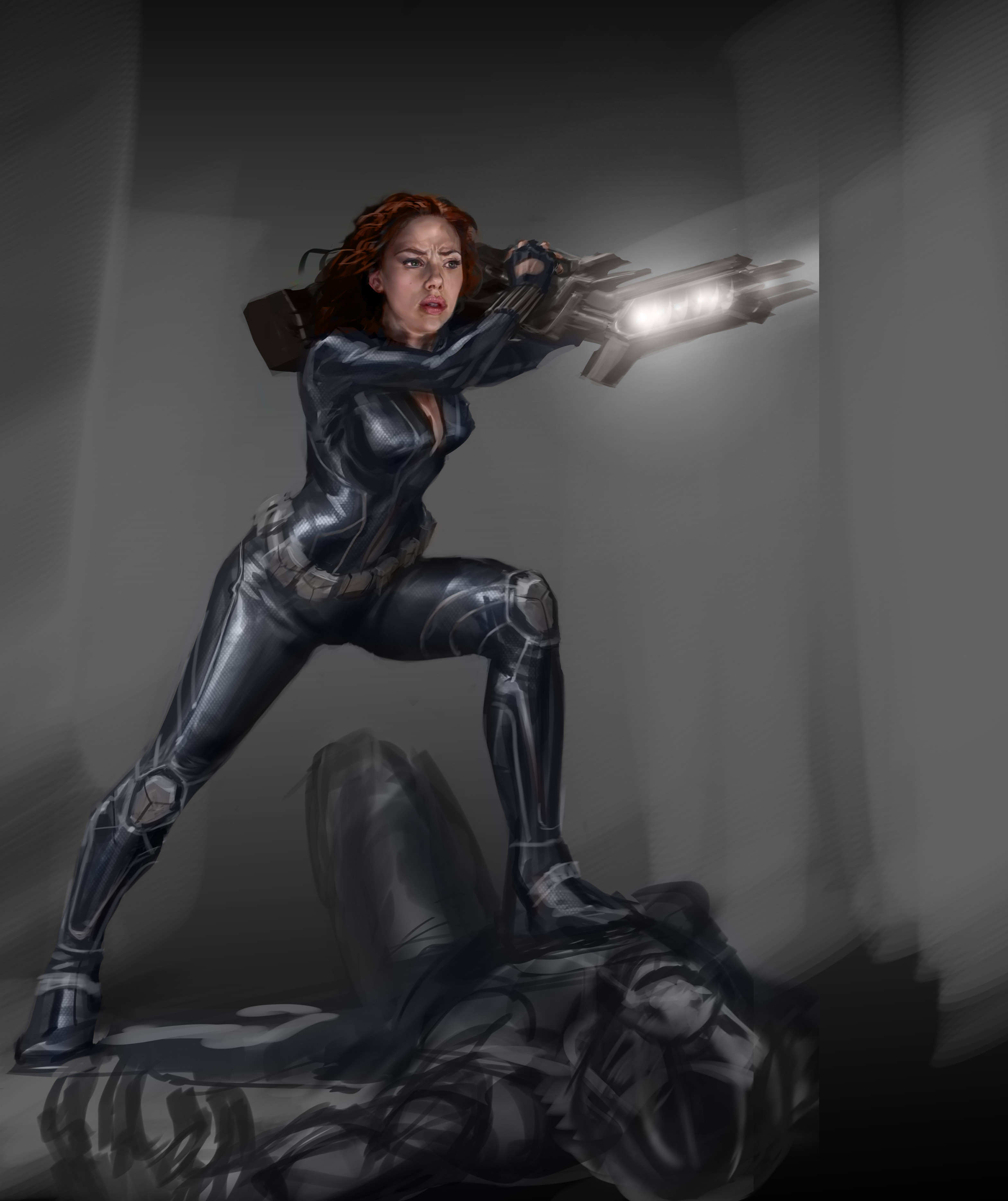 A sketch of how Black Widow might try to use the Chitauri captain's weapon.