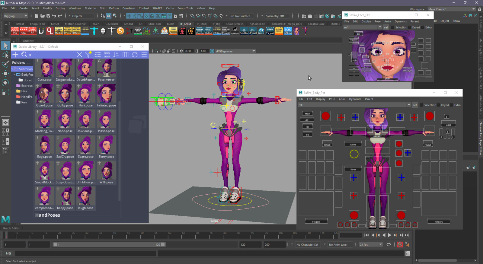 Safiro rig for maya includes pickers and pose library ik/fk snap switch and pose library + Bendy limbs and face squash