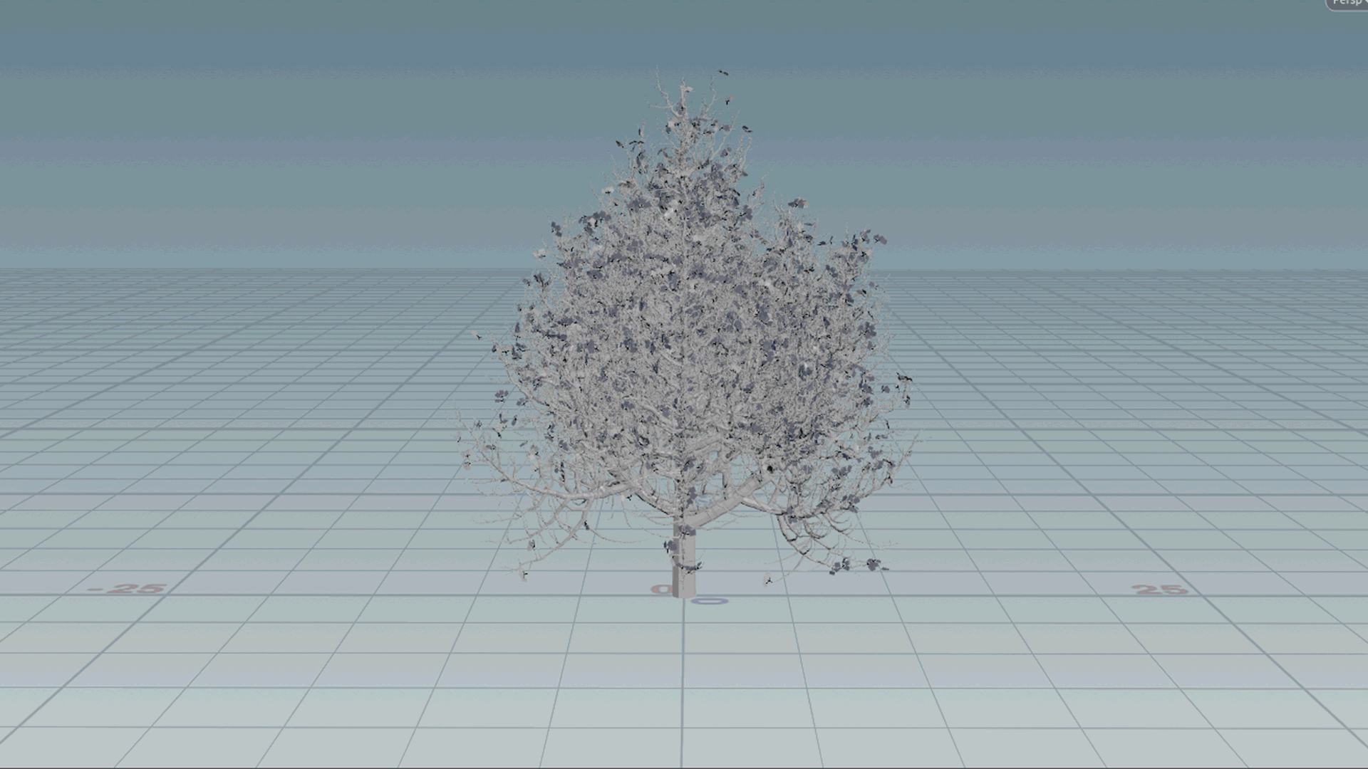 I used Side FX Lab's "Quick Tree" node to try to get a more realistic distribution of points to copy my leaves on to. I get the centroid of each generated leaf and blast away all of the Quick Tree's geometry. I then copy my leaves to all of the points.
