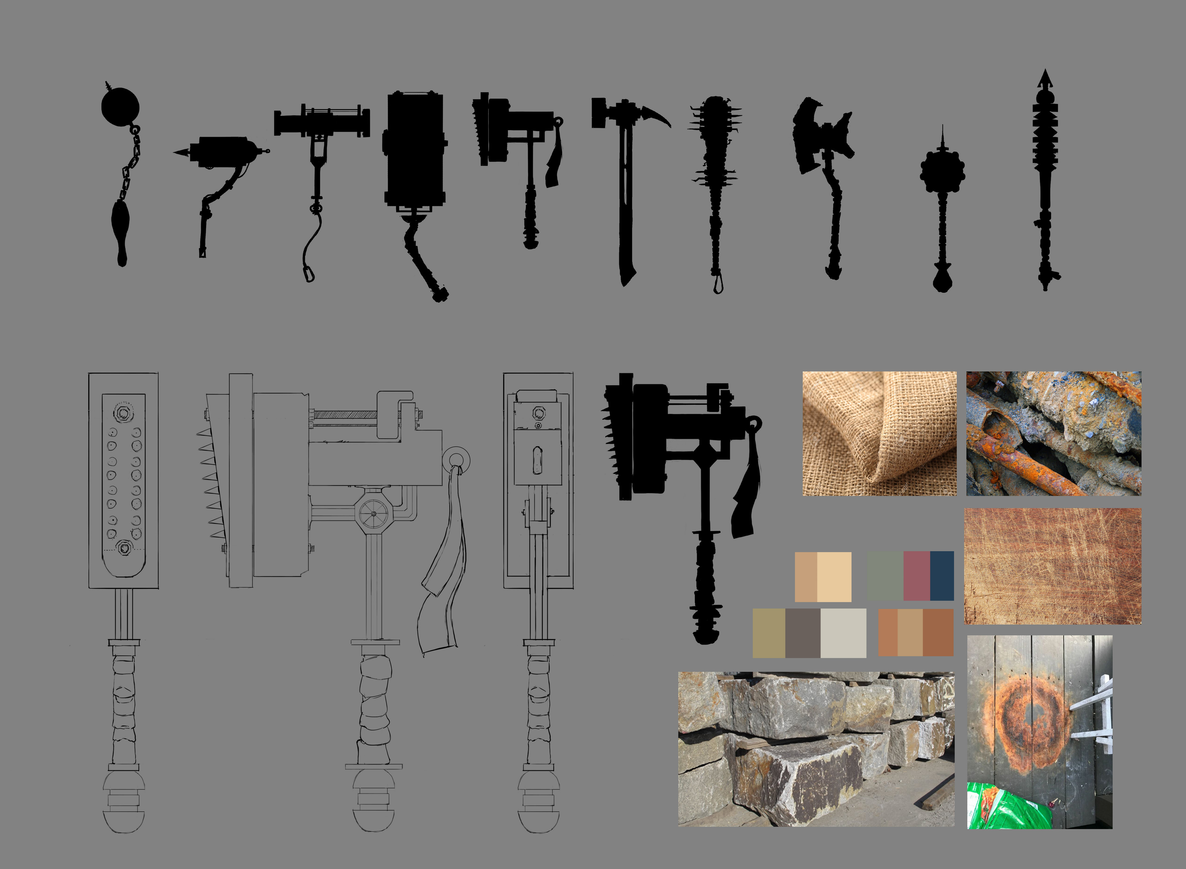 This image is a combination style guide that captures the process of the idea exploration phase and planning phase of the weapons design.