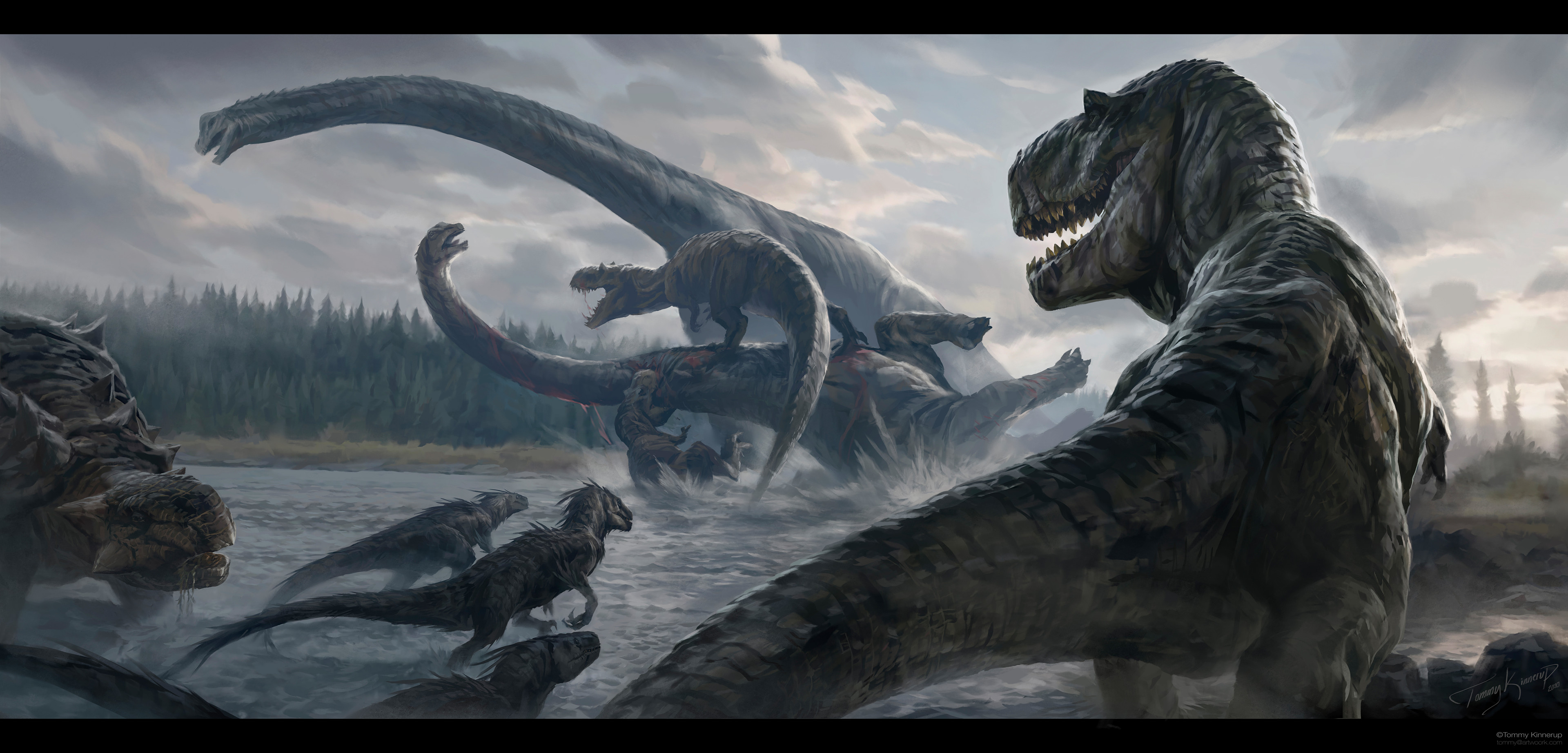 Two passing sauropods in the middle of a river stream are under attack by hungry carnivores. 