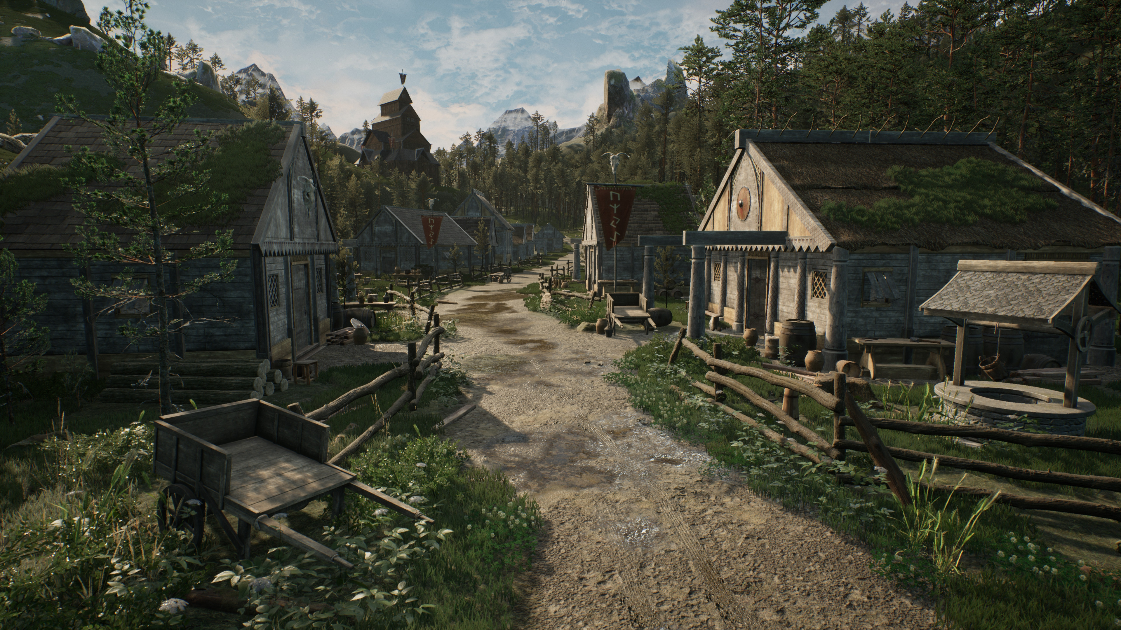 Scandinavian Village: This was the focal shot I spent the most time working on. I believe the terrain materials and foliage really helped bring the aesthetic of the world alive along with my basic materials consisting of woods, stones, bone, and linen.