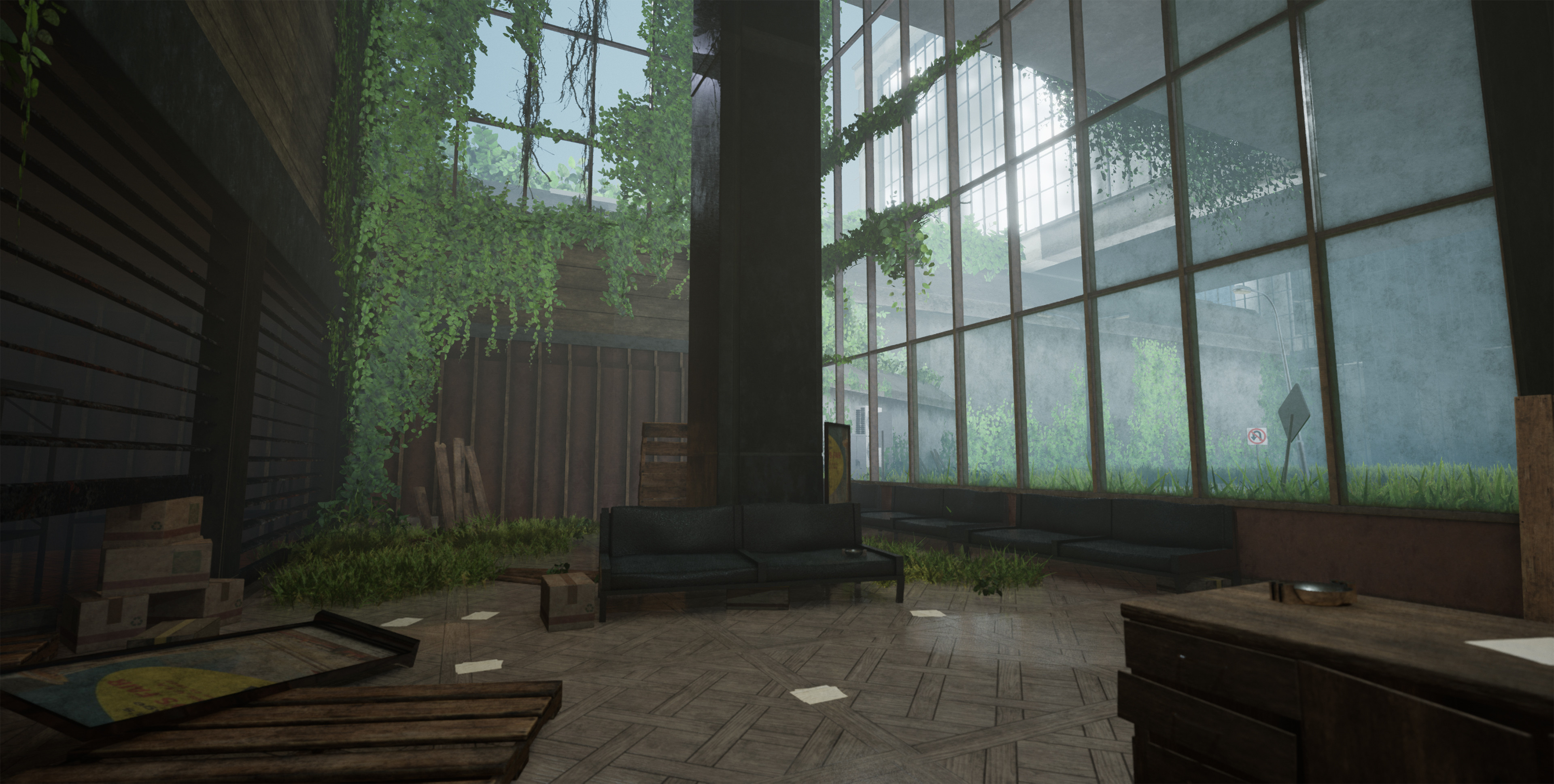 Dystopia:
12 Hour Project
UE4

With this quick project I was feeling a lot of inspiration from the Last of Us Part II and wanted to fill a similar aesthetic. A lot of time was spent piecing in the vegetation and building quick modular architecture