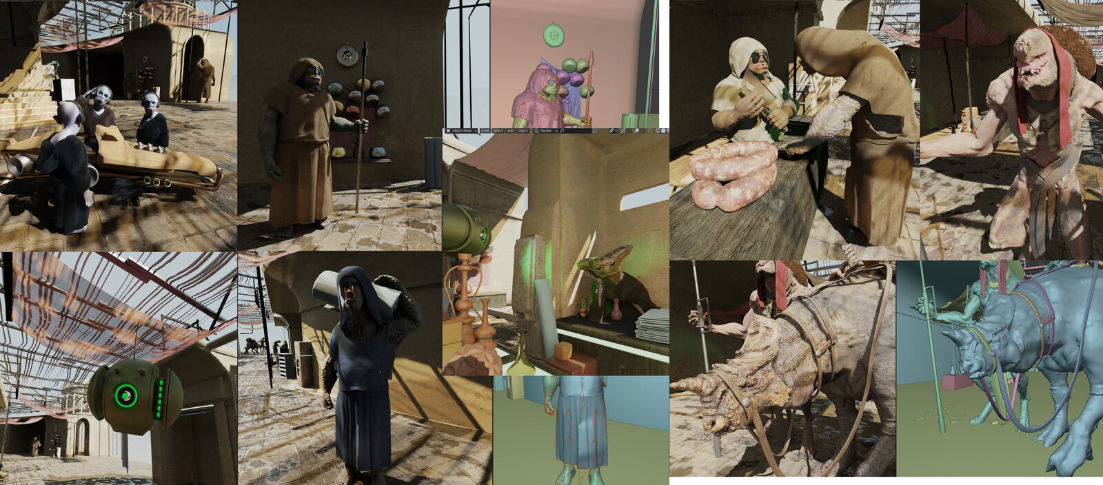 Secondary characters were quickly made to be scattered around the scene, with different poses and elements. Most of their shaders are also procedurally made.