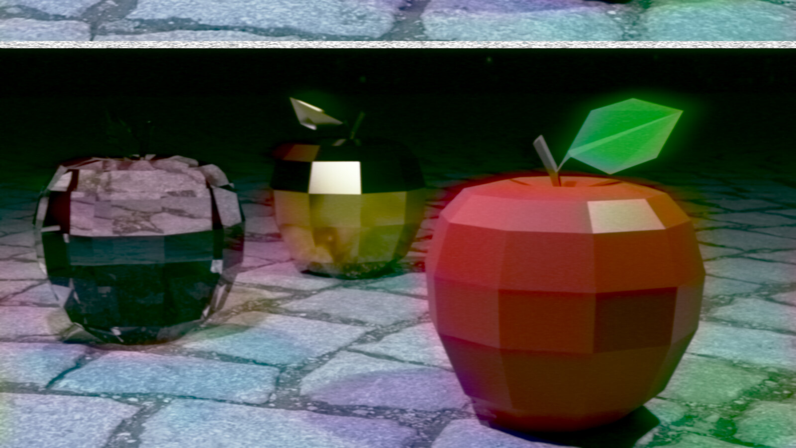Three apples of various material.