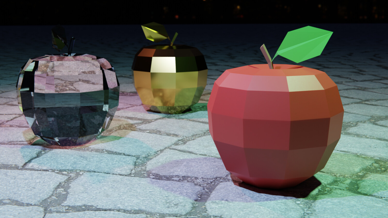 Three apples of various material, sans VHS shader.