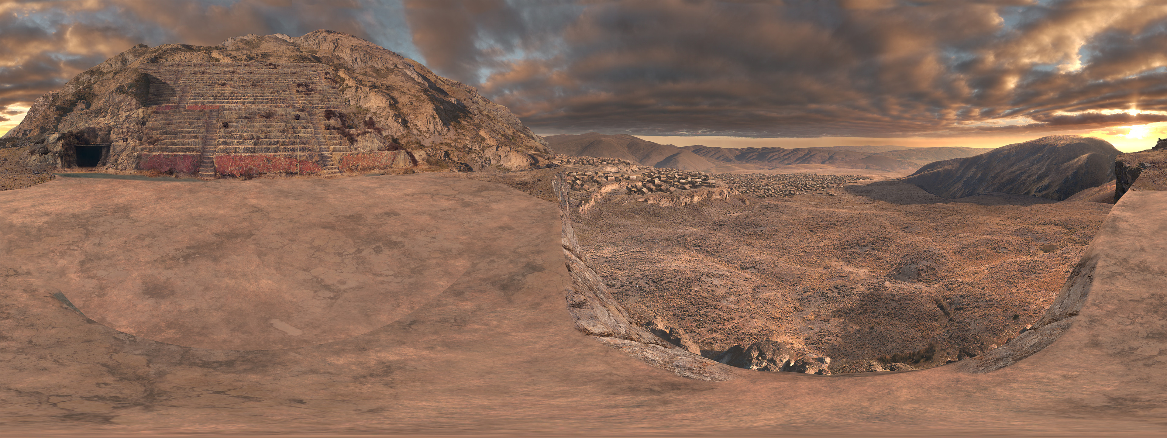 The 360° Amphitheatre matte-painting was done in 4 weeks. This painting has the particularity to look down. It required time for the integration and the extension of the Amphitheatre set and also time to paint the Rebel camp on lower terraces.