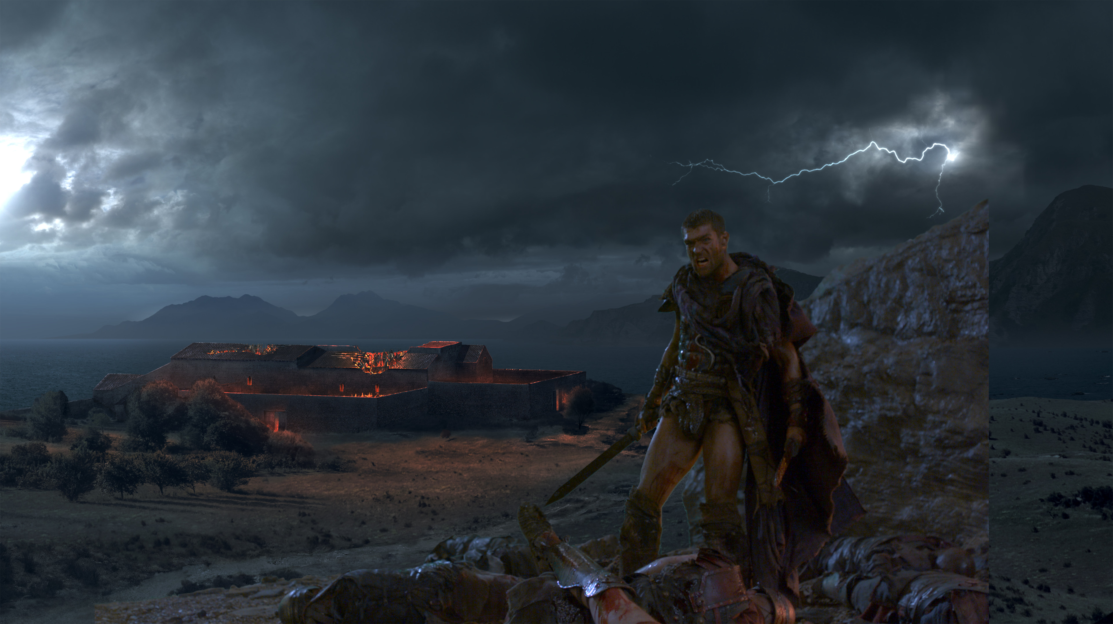 I am Spartacus – Burning Villa: This sequence is the opening of the final episode of the TV show. This painting is a re-use of a previous painting. I changed the mountains and the ocean in the background, and I painted the burning elements in the villa. 