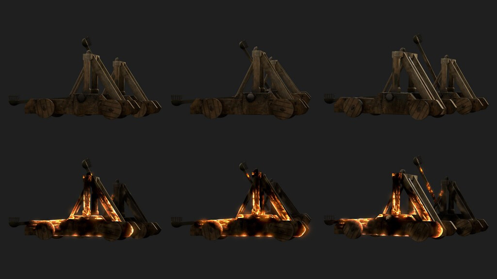 I painted separated light and fire passes on the catapults for the compositors so that they can easily integrate them in the battle sequence.