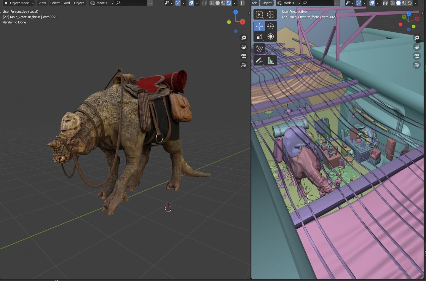 The camel / chameleon / triceratops thingy in it's early stages, it could use more details, but I decided not to make it entirely, and to use composition 2d methods to make it blend in with the scene, saving a huge time