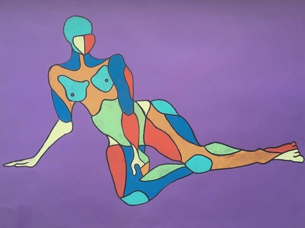 Colourful Woman. A psychedelic depiction of a nude, live model in chalk.