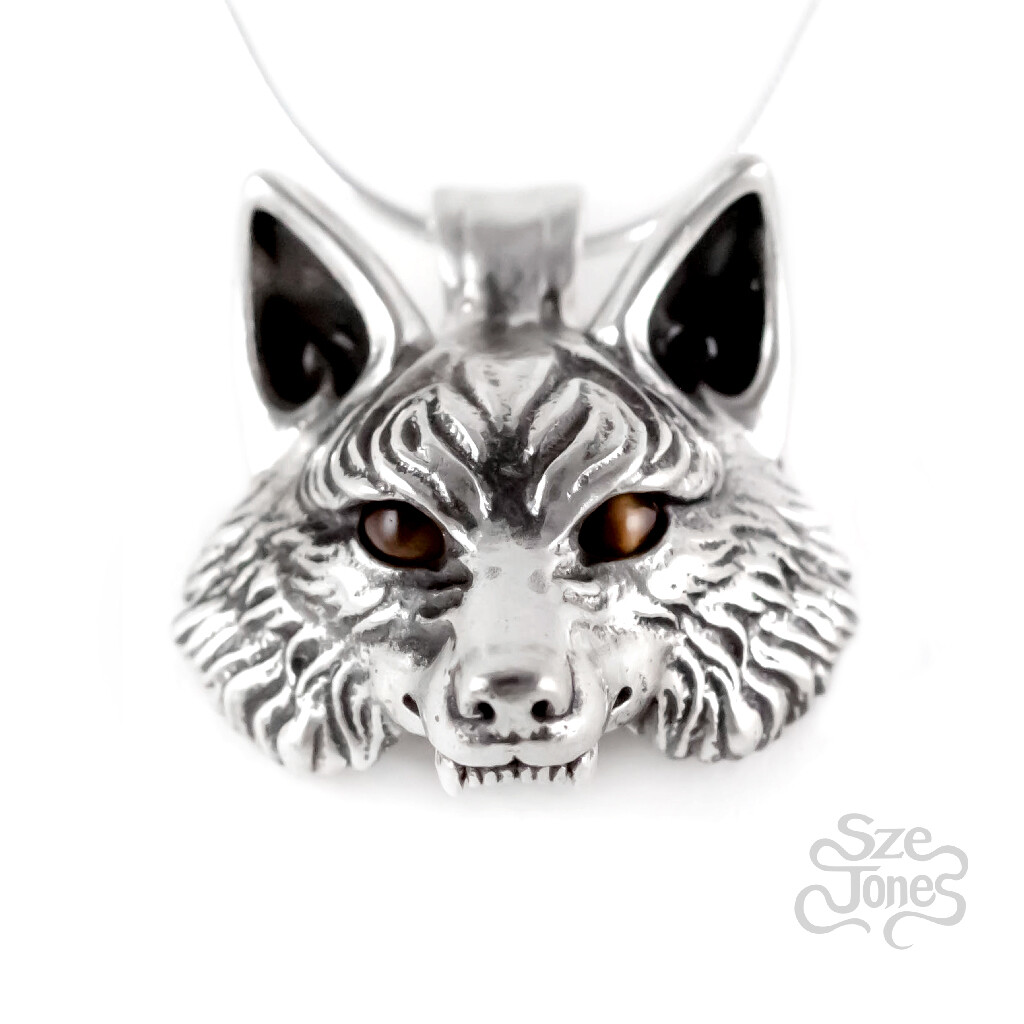 Wolf Pendant with Tiger Eyes gemstones