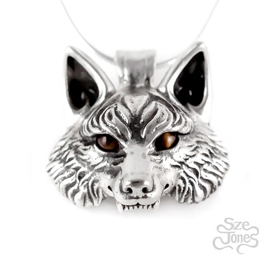 Wolf Pendant with Tiger Eyes Gemstones