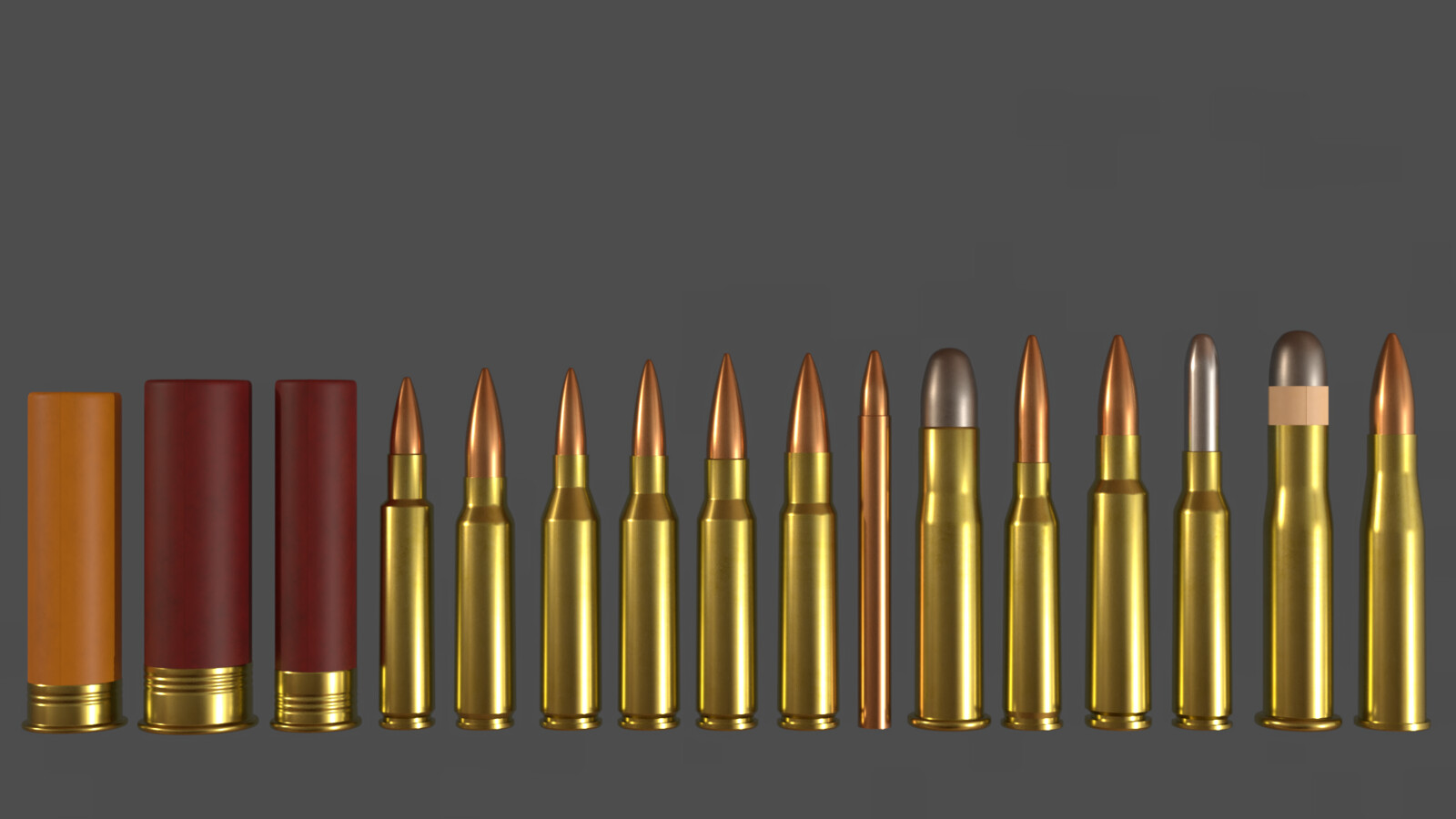 20 gauge shotshell - 12 gauge shotshell - 28 gauge shotshell - 6.5 ics - 7.62x47 t65 - 243 win - 260 rem - 7.62x51 nato - 338 federal - 6x60 caseless - 43 spanish - 6.5x50 arisaka - 7.5x55 swiss - 6.5x52 carcano - 42 berdan - 8x56mmR mannlicher