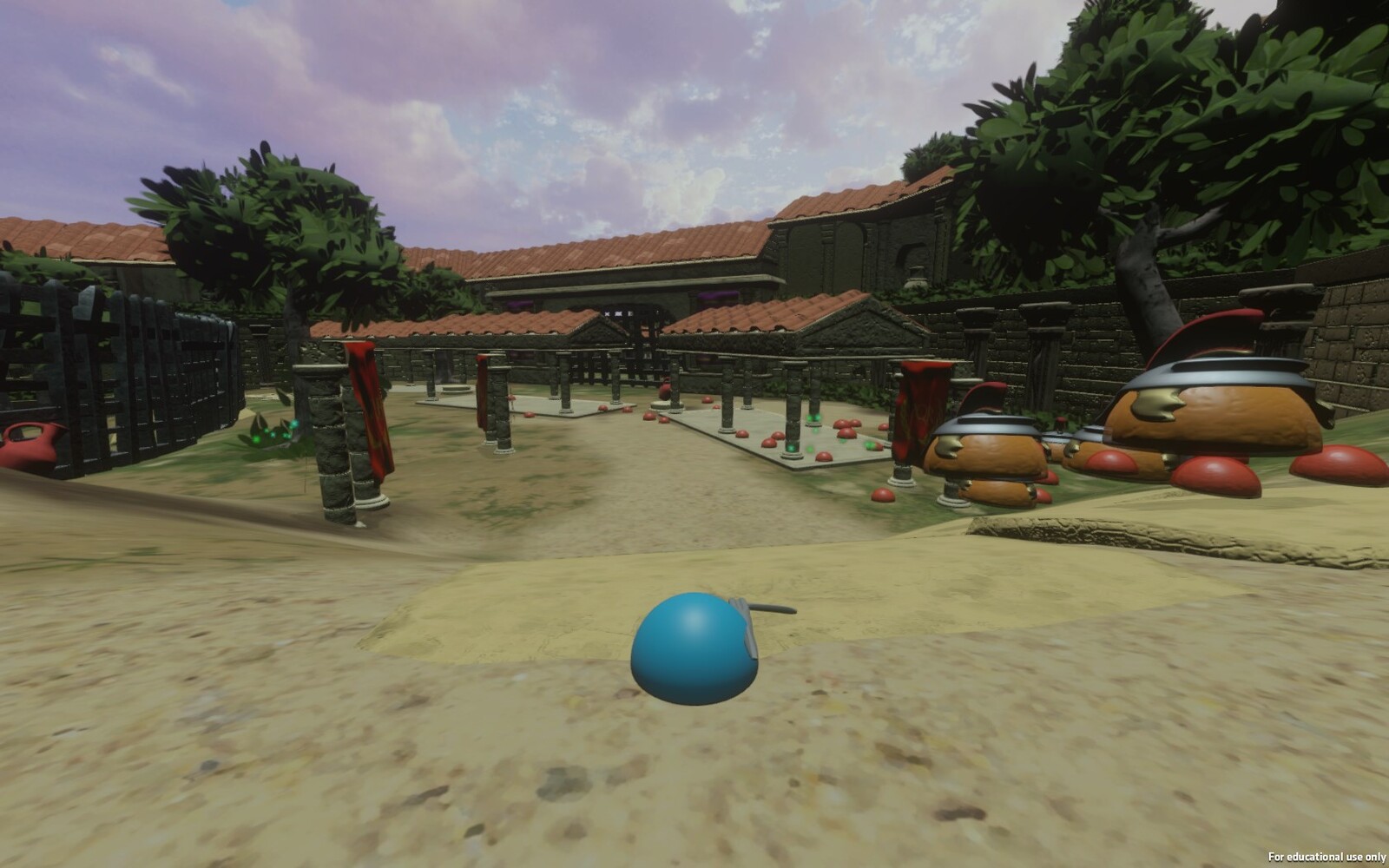 Here is a shot of a marketplace which leads up to a small arena where you can see some of the slime enemies chasing the player.