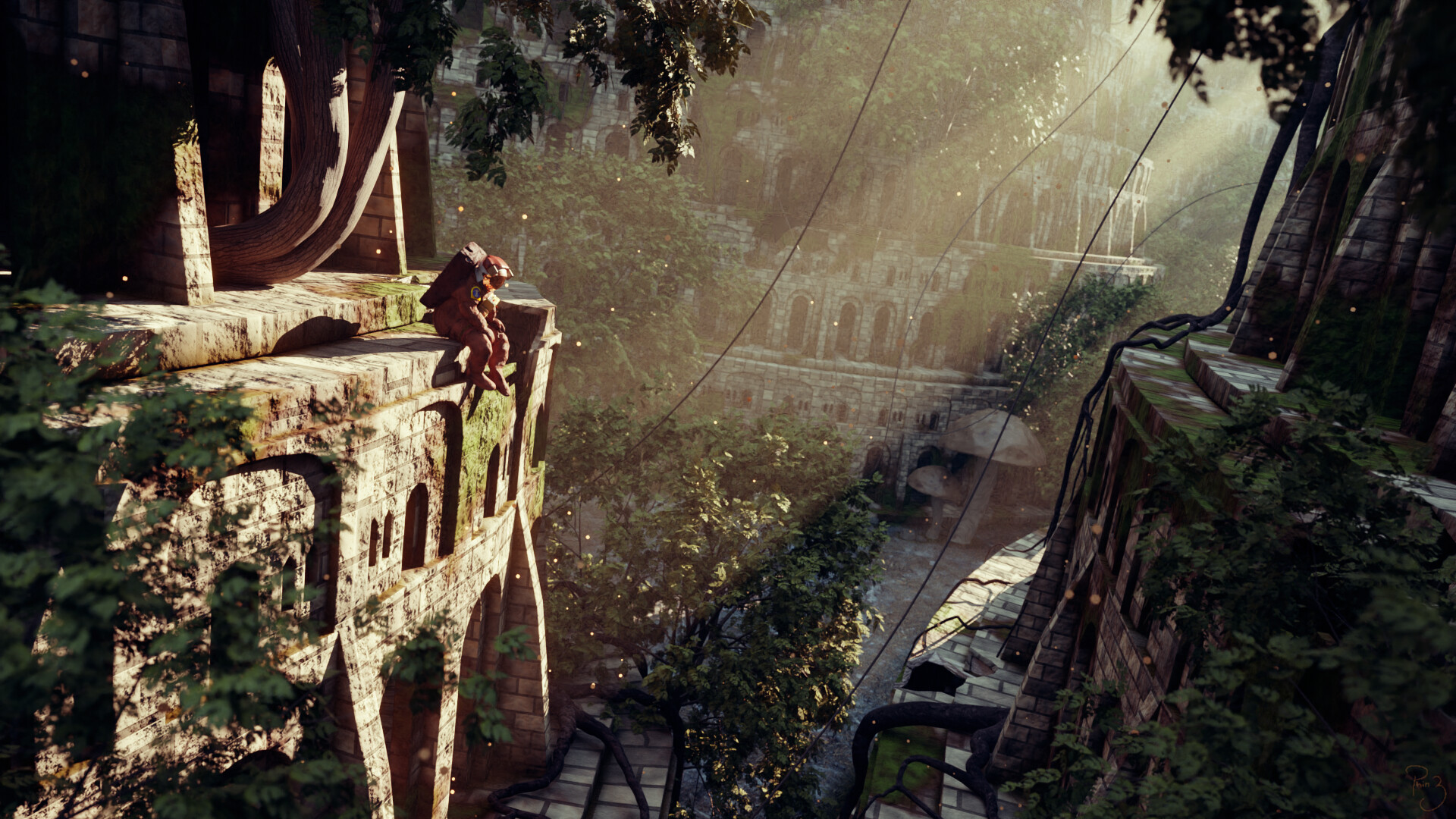 A 3D render of an astronaut sitting in the overgrown ruins of some imaginary civilization.