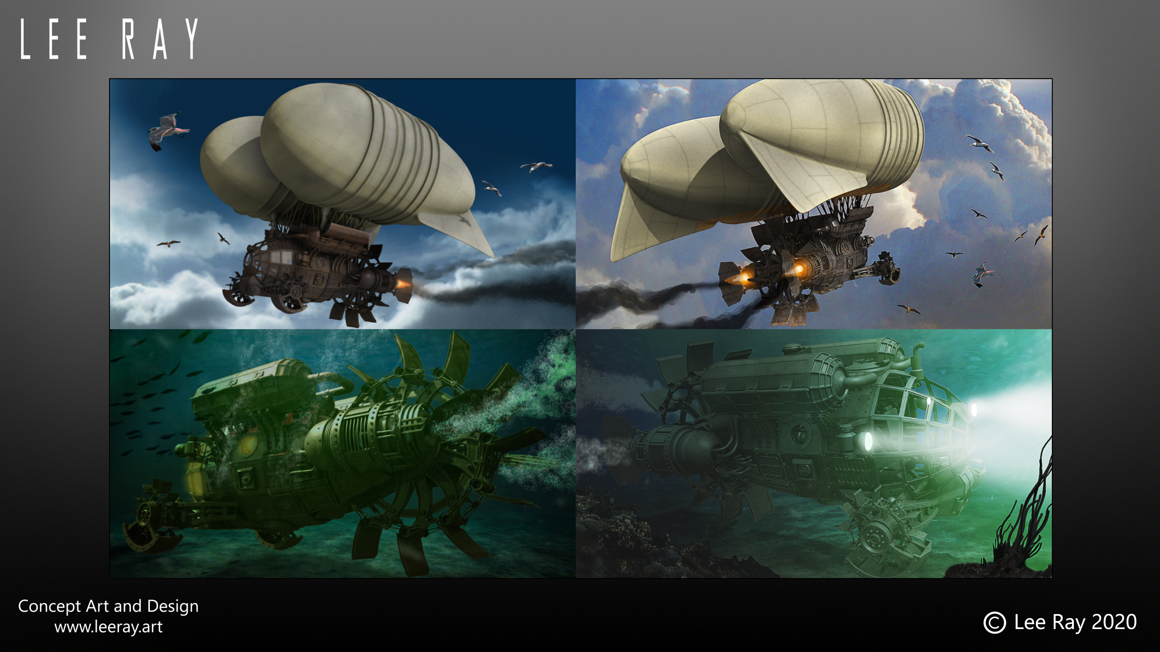 Steampunk Transport - M.L.C.
"It`s not just for driving!"

Concepts for showcasing the M.L.C in flight and underwater.