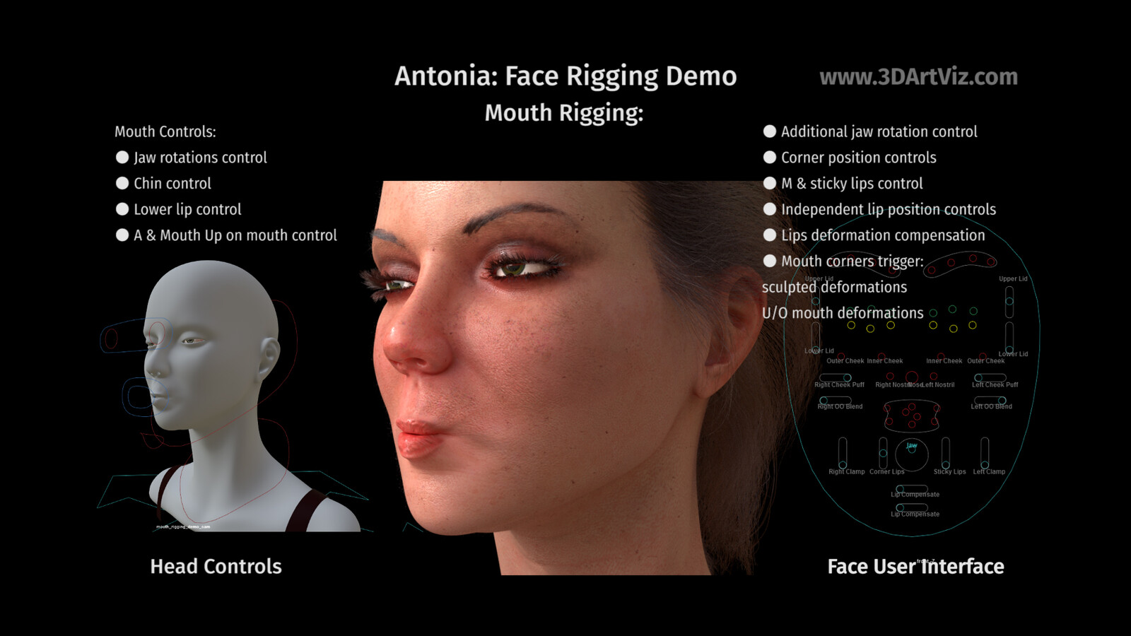 Mouth corners trigger:
● sculpted deformations
● U/O mouth deformations