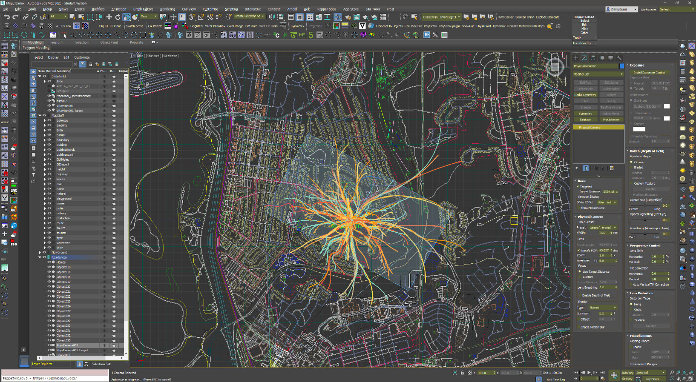 Screenshot of the OpenStreetMap data in 3DS Max.